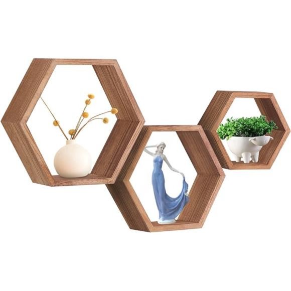 Floating Hexagon Shelves -Set of 3 for Living Room Bedroom Bathroom Office Decor - Picture 1 of 6